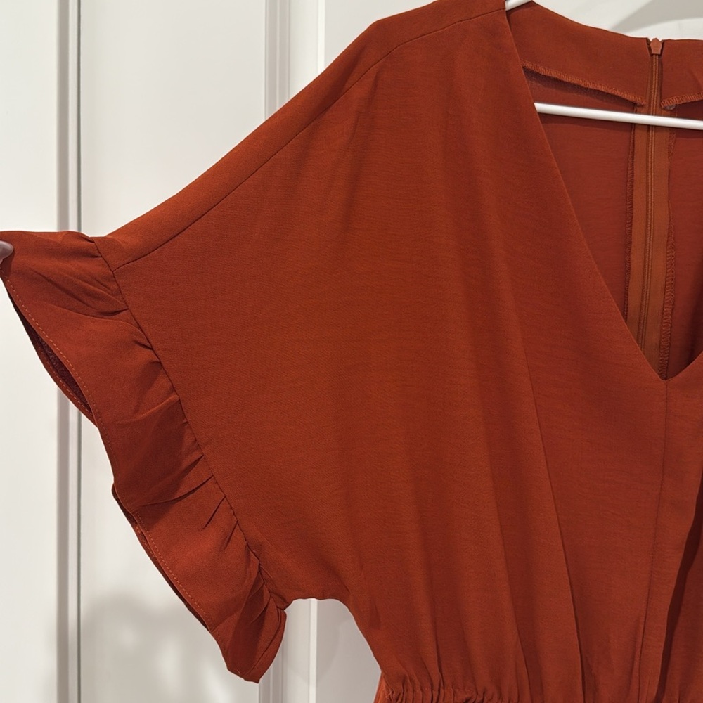 Rust Orange Ruffle Sleeve Romper - Picture 2 of 3